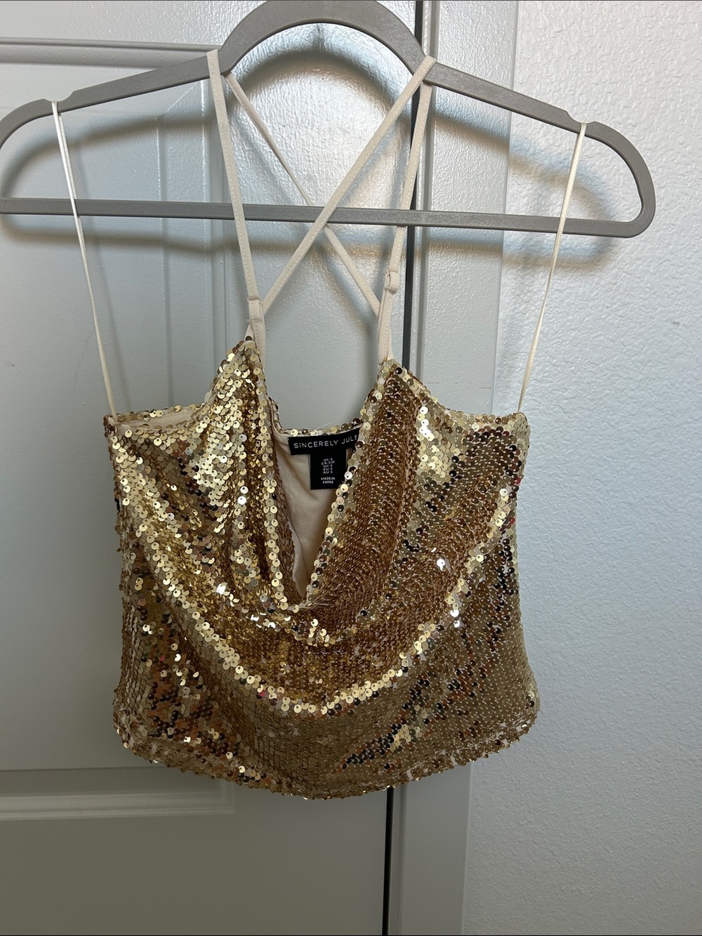 Sincerly Jules Gold Sequin Cowl Crop Tank